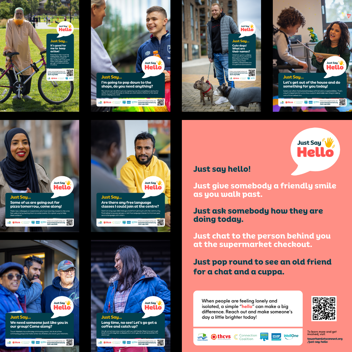 An image showing all of the poster created by Well One for the Just Say Hello campaign in Tower Hamlets, featuring photographs of local residents