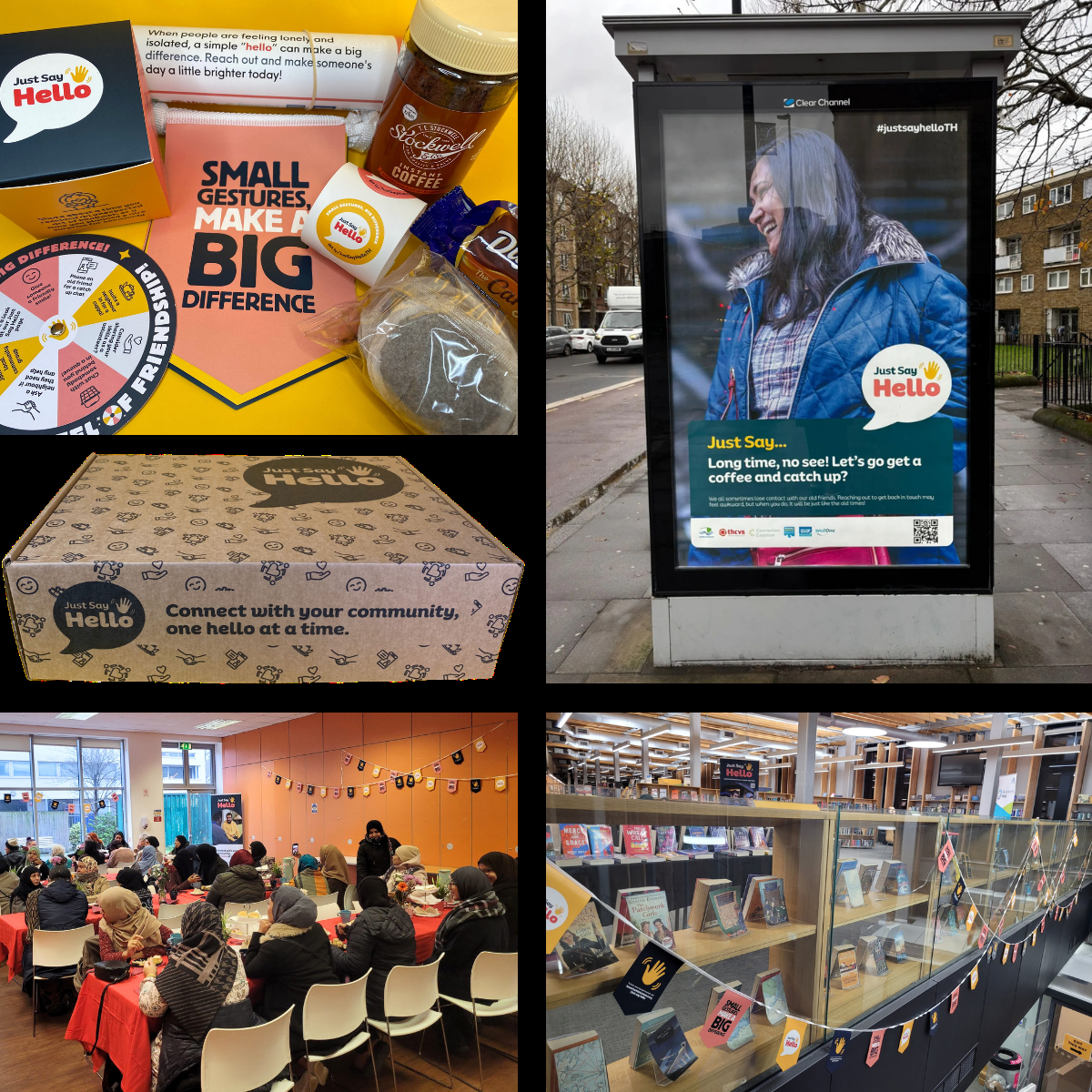 Images of the Just Say Hello 'Coffee Morning in a Box' Kit, a Just Say Hello billboard and a Just Say Hello coffee morning event
