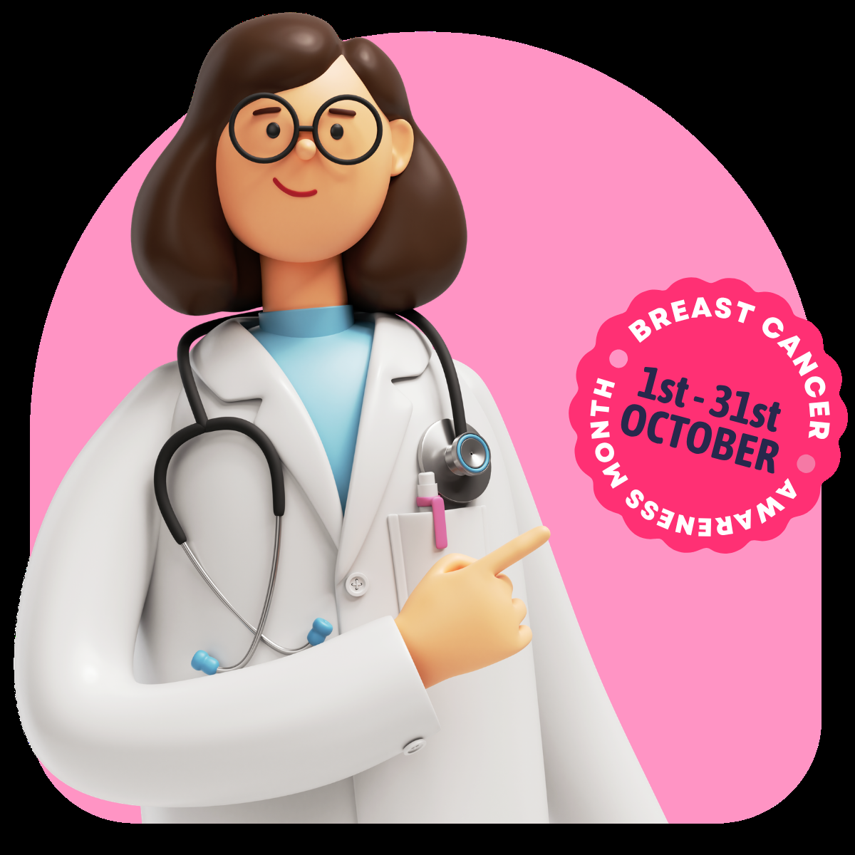 A 3D illustration of a smiling doctor and a Breast Cancer Awareness badge