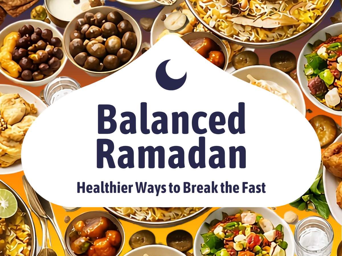 A black and white logo saying 'Balanced Ramadan' is surrounded by Iftar foods