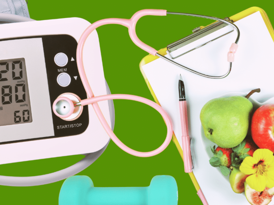 A collage of various health related objects - blood pressure machine, fruit, weights, healthy food