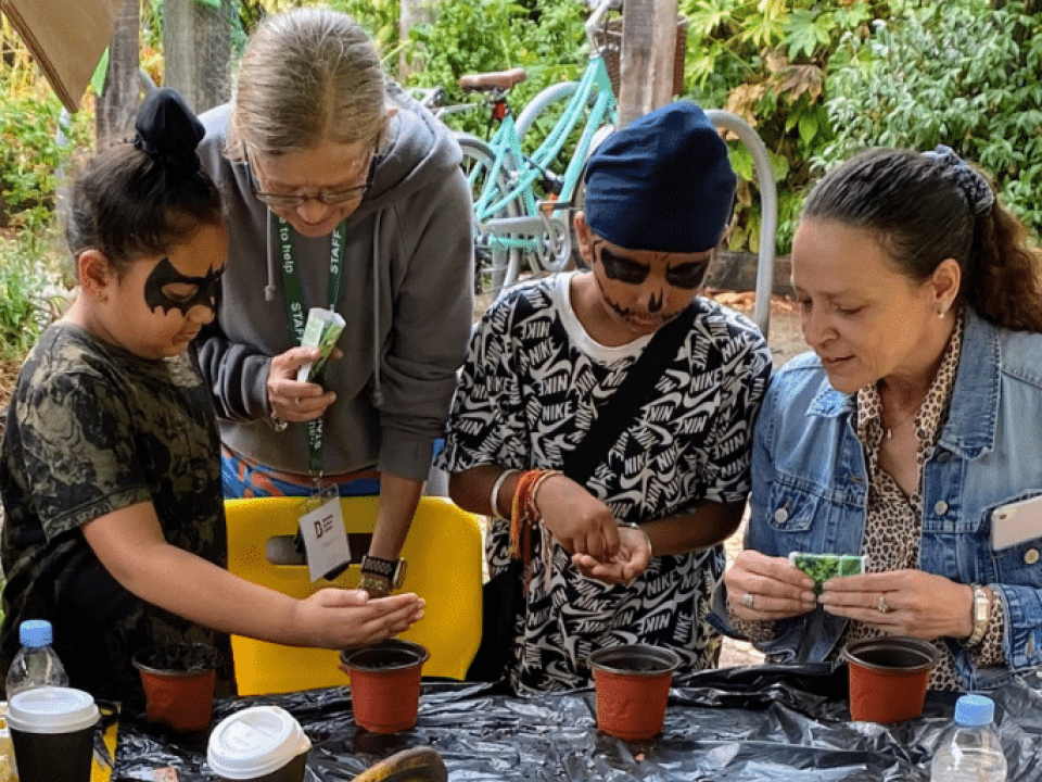 Two women are helping a group of young boys to plant seeds in a pot