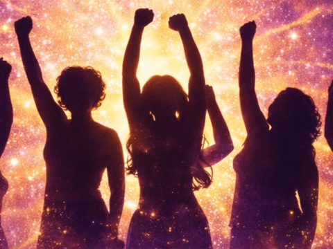 An illustration of women with their arms in the air, dancing energetically