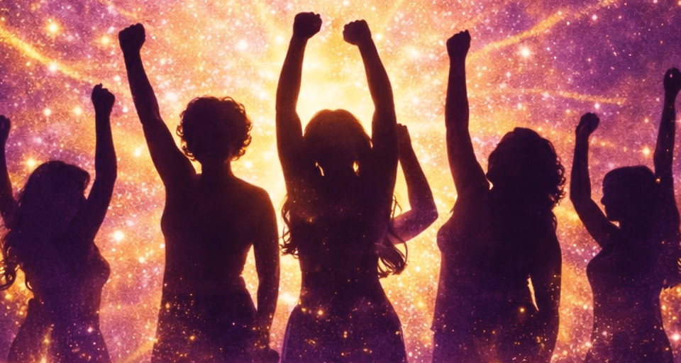 An illustration of women with their arms in the air, dancing energetically