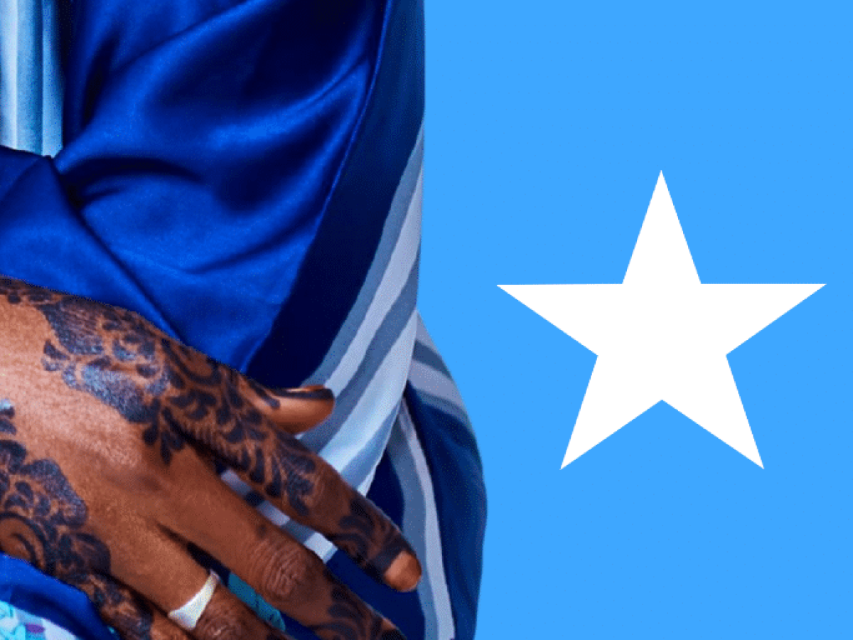 A womans hand with henna designs, with a background of the Somalian flag